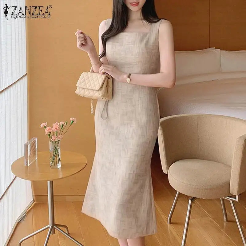 Elegant Sleeveless Square Neck Mermaid Midi Dress for Women