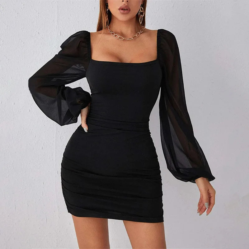 Square Collar Mesh Dress With Pleated Slim Fit Long Sleeve