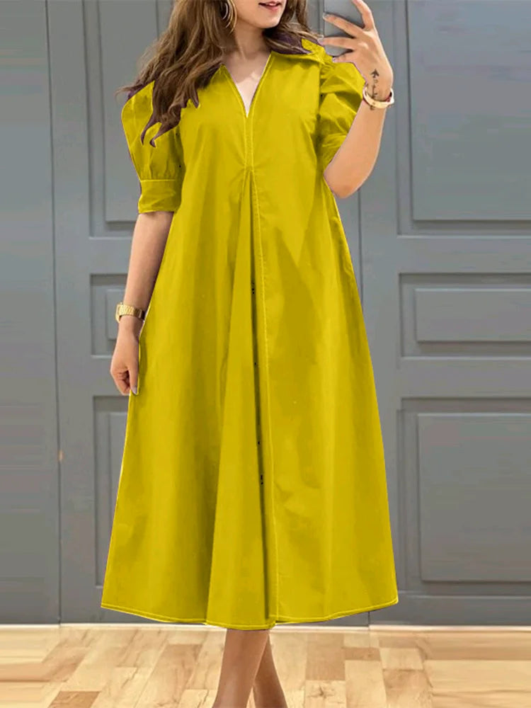 V Neck Puff Sleeve Midi Dress Solid Color Casual Wear