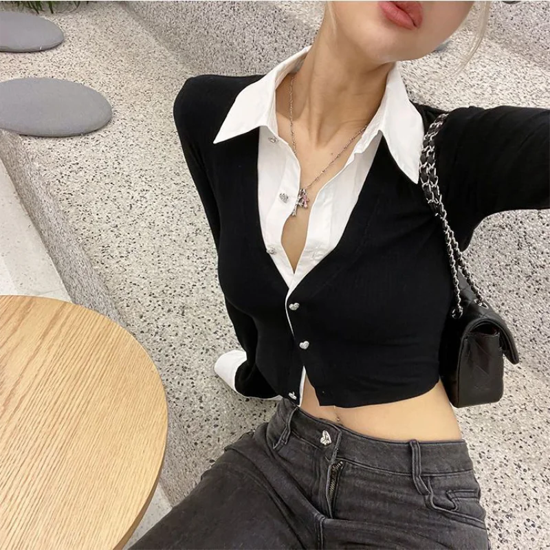 Y2K Two Piece Illusion Crop Top Women's Patchwork Slim Fit Long Sleeve Shirt Casual Streetwear Blouse for Spring and Autumn