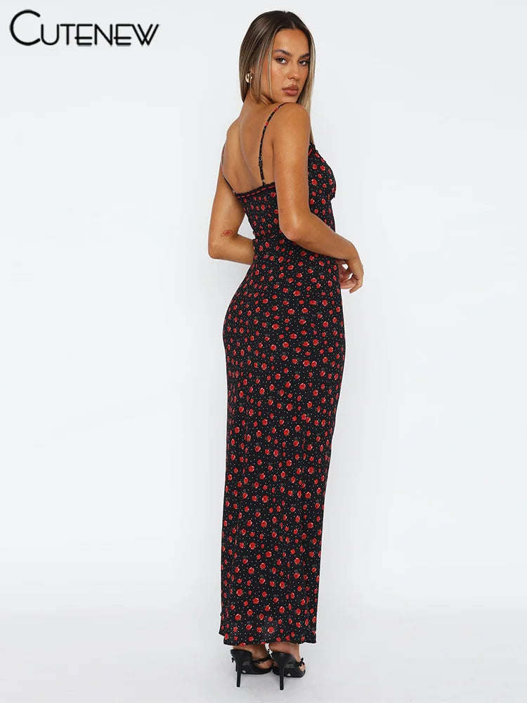 Rose Print Maxi Dress for Women Summer Bodycon Style