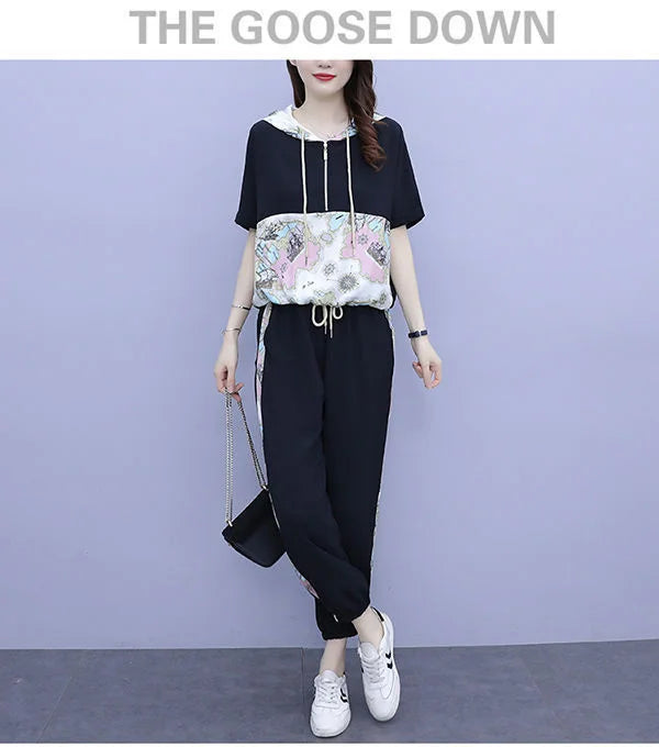 Women's Casual Two Piece Set with Hooded T-Shirt and Contrast Printed Pants for Spring and Summer Fashion