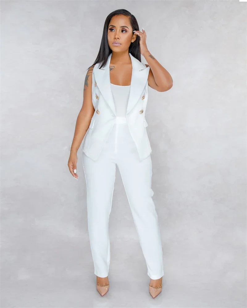 Elegant Women's Two Piece Suit Set with Sleeveless Blazer