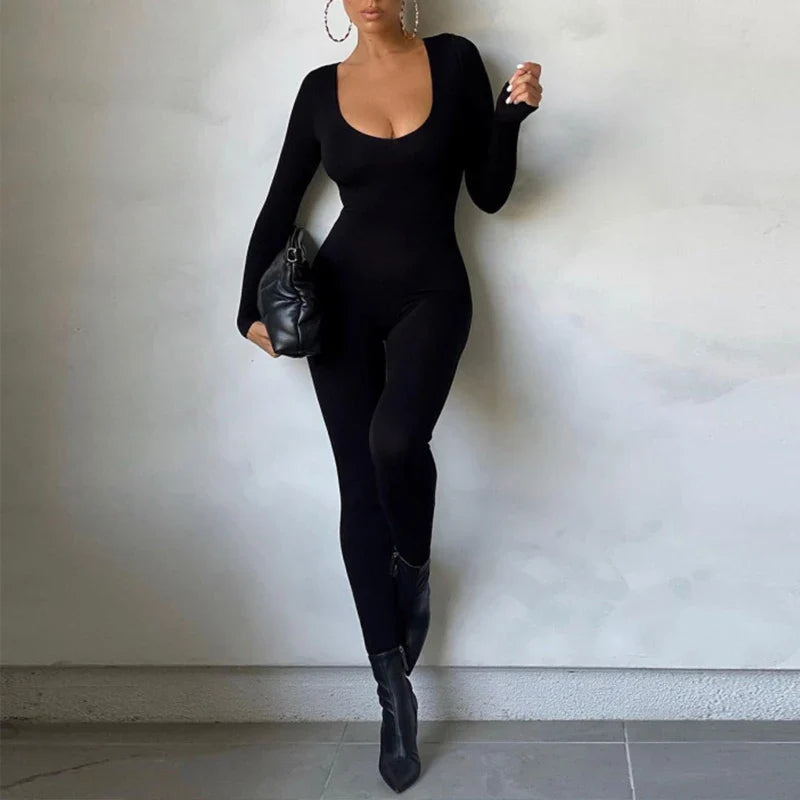 Sexy Black Long Sleeve Bodycon Jumpsuit for Women Slim Fit Casual Streetwear Skinny Romper