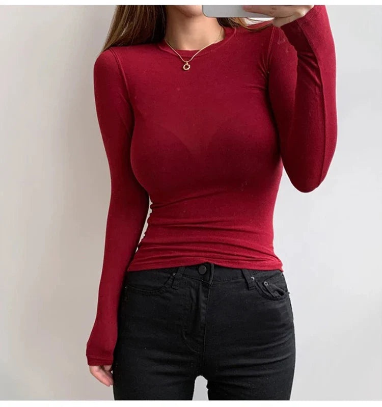 Korean Style Slim Fit Cotton Long Sleeve T Shirt for Women Soft Transparent Summer Tee