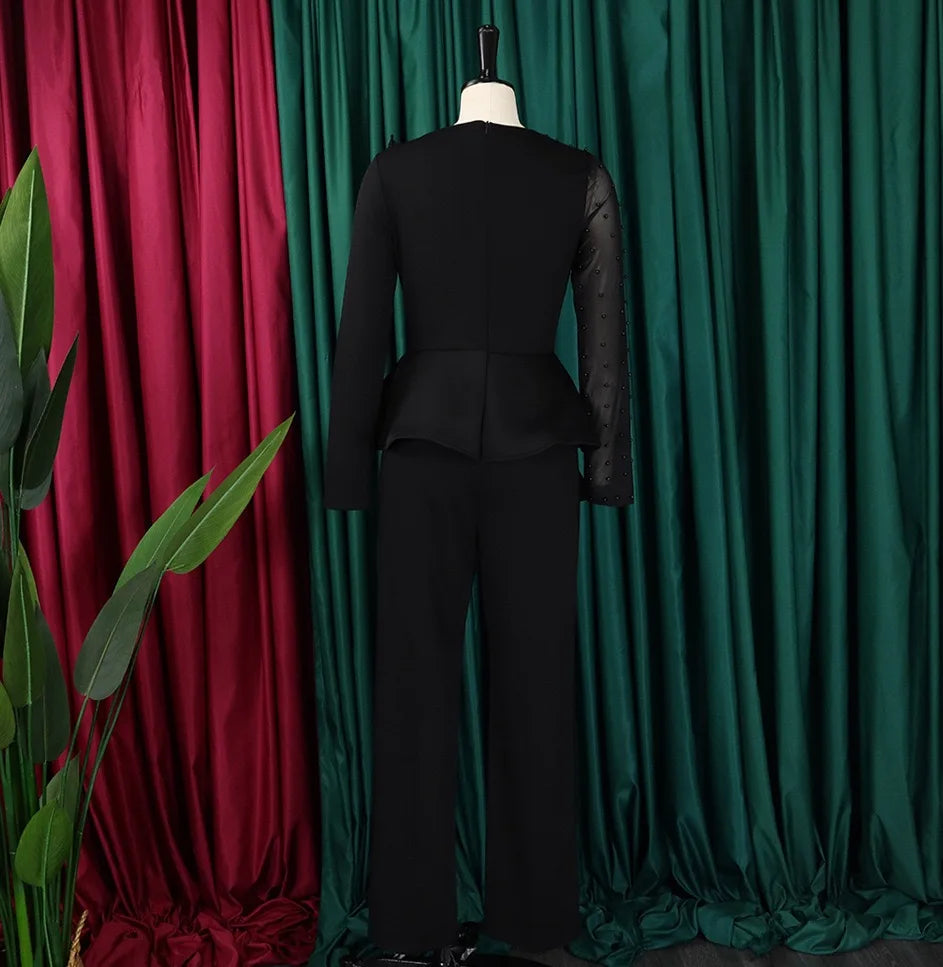 Elegant High Waisted Jumpsuit for Women with Round Neck Beaded Detail and Transparent Sleeves Perfect for Birthday Parties and Special Occasions