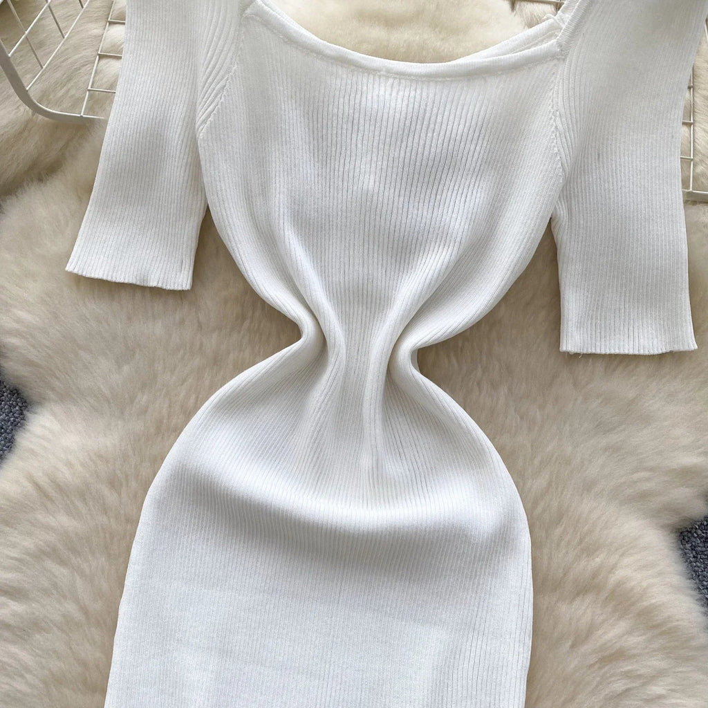 Women Square Collar Knit Dress Short Sleeve Wrap Sheath