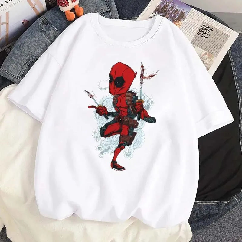 Cartoon Disney Marvel Deadpool Printed T-Shirt for Women Casual Summer Street Wear O-Neck Short Sleeve Tee