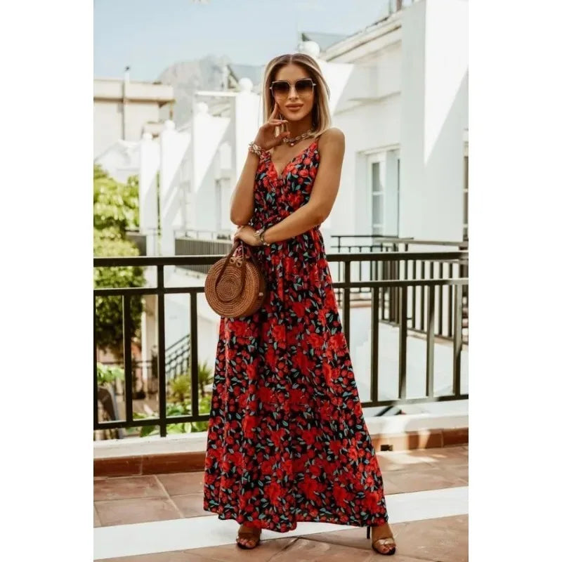 Bohemian Floral Chiffon Summer Dress With V Neckline