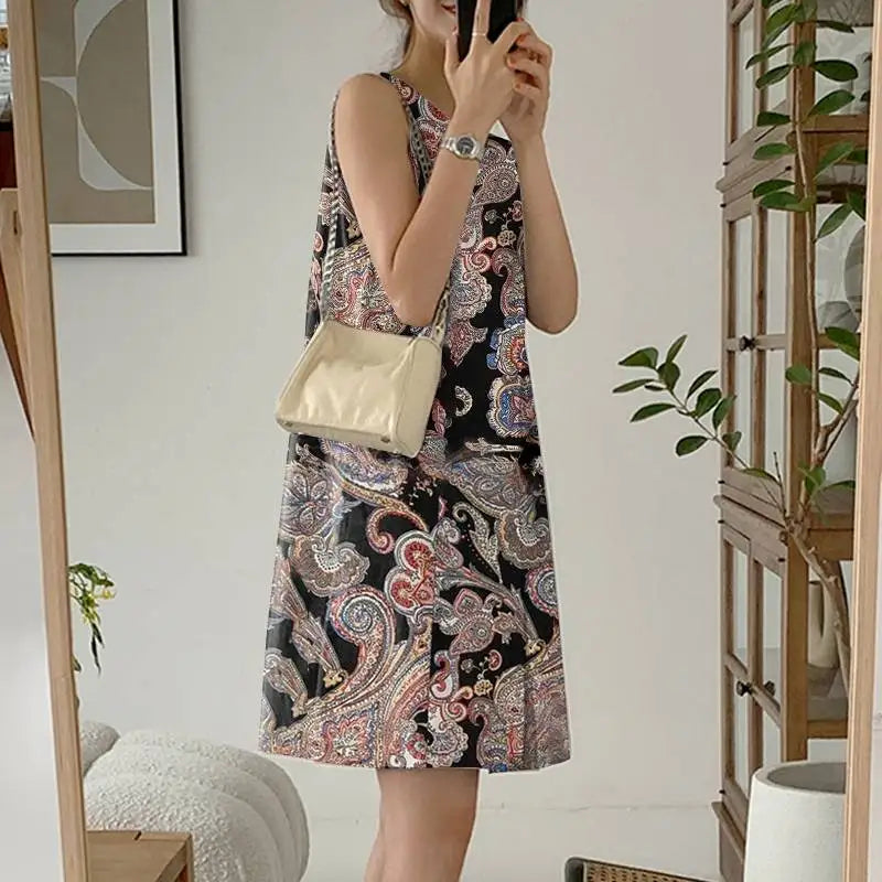 Boho Print Pleated Sleeveless Mini Dress For Summer