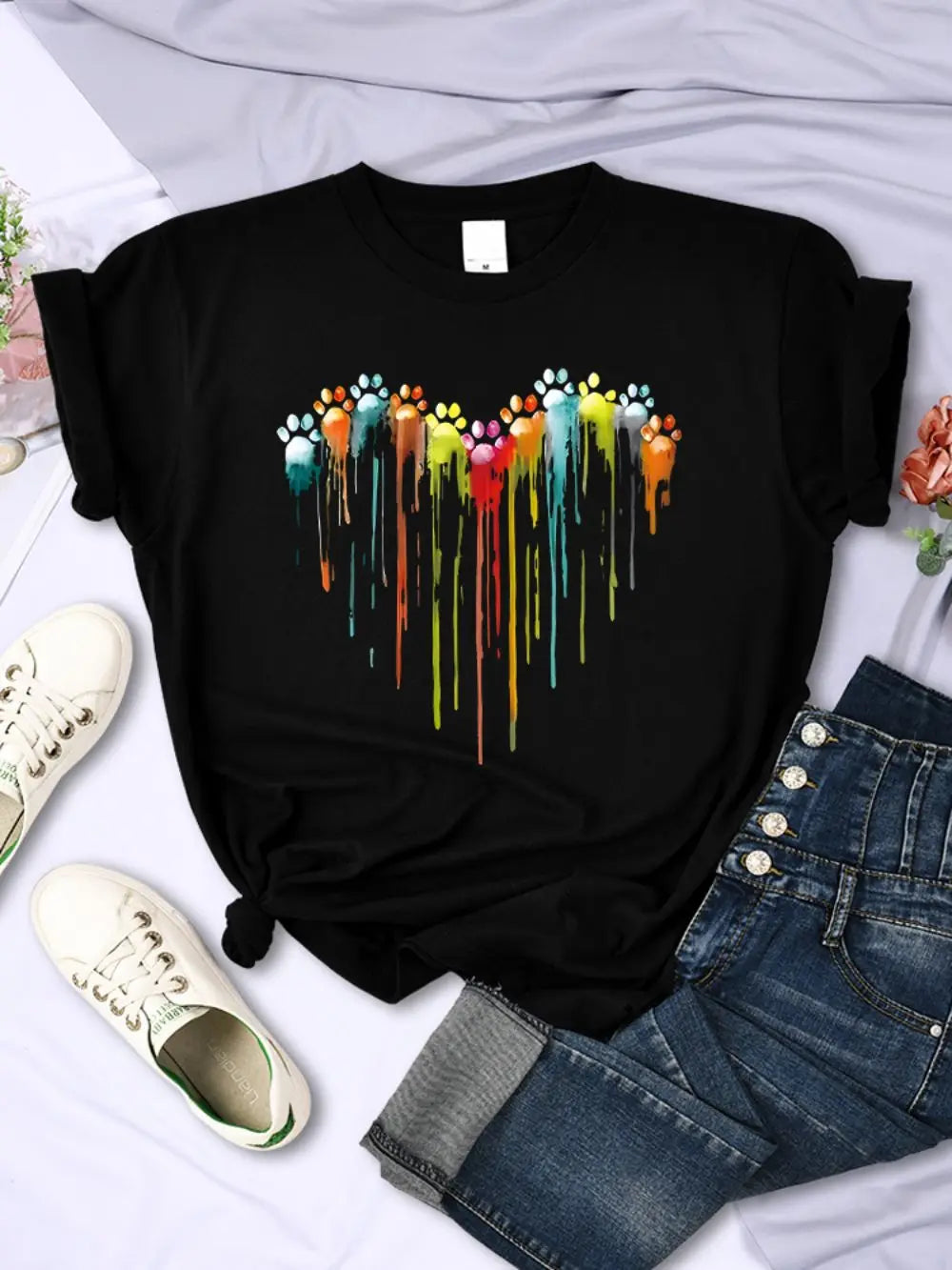 Multicolored Cat Paw Print T-Shirt for Women Comfortable O-Neck Short Sleeve Summer Casual Top