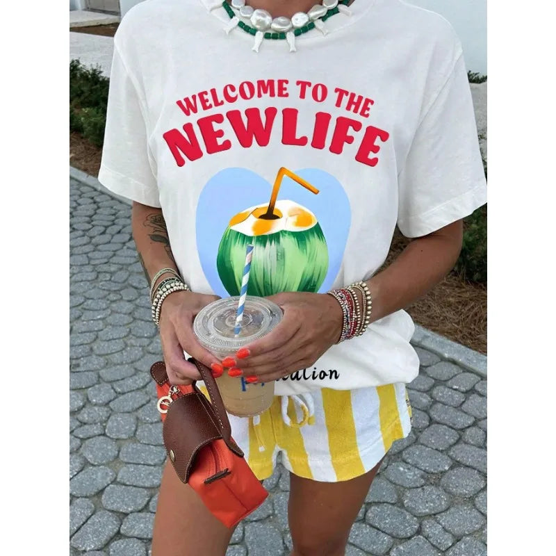 Couple Cotton T-Shirts with Cartoon Printed Pattern for Summer Casual Wear