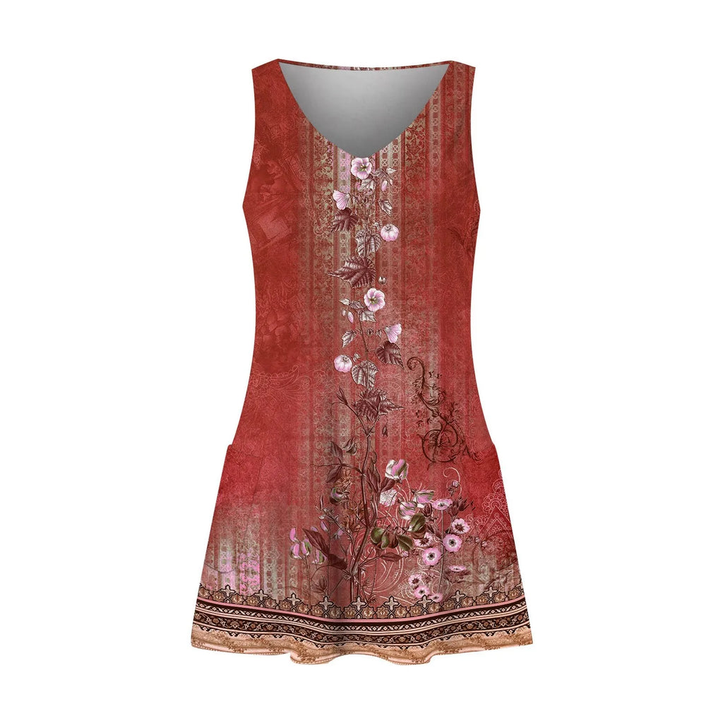 Floral Boho Sundress With Pockets V Neck Knee Length