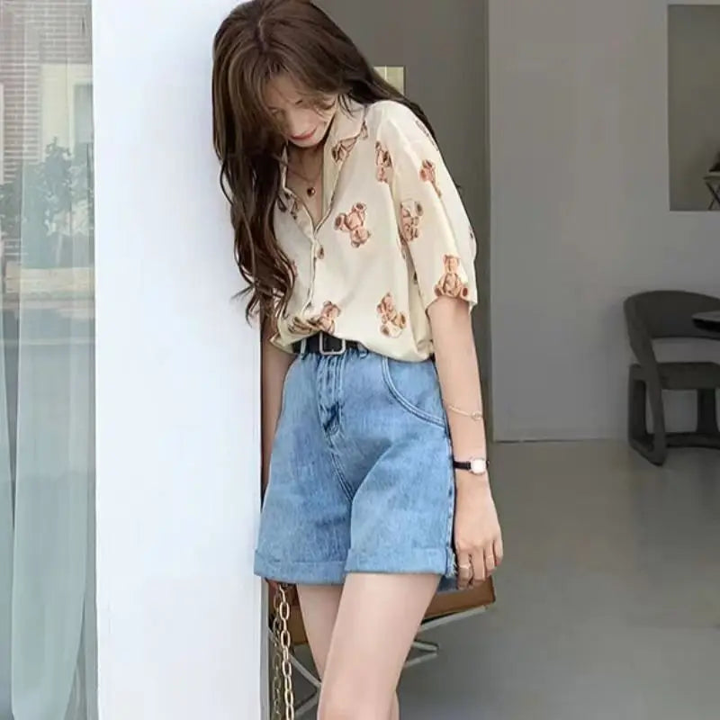 Summer Women's Chiffon Bear Print Short Sleeve T-Shirt Loose Vintage Casual Blouse Lightweight Korean Fashion Top for Ladies