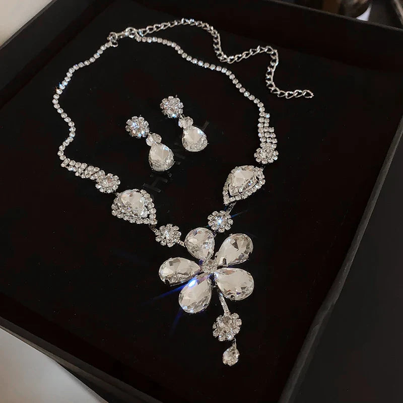 Large Water Drop Rhinestone Necklace and Earrings Set for Women Bridal Wedding Party Jewelry