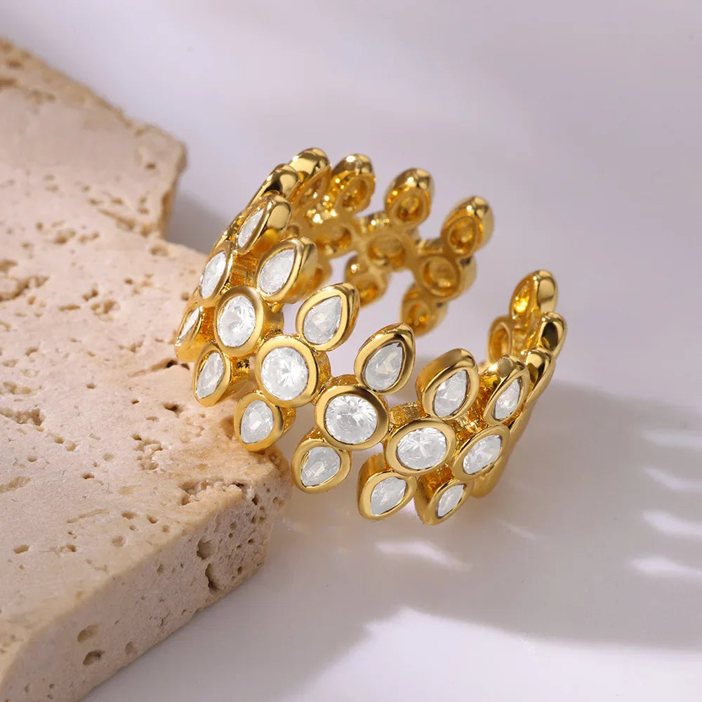 White Zircon Geometric Stainless Steel Adjustable Ring for Women Elegant Wedding Jewelry Gift