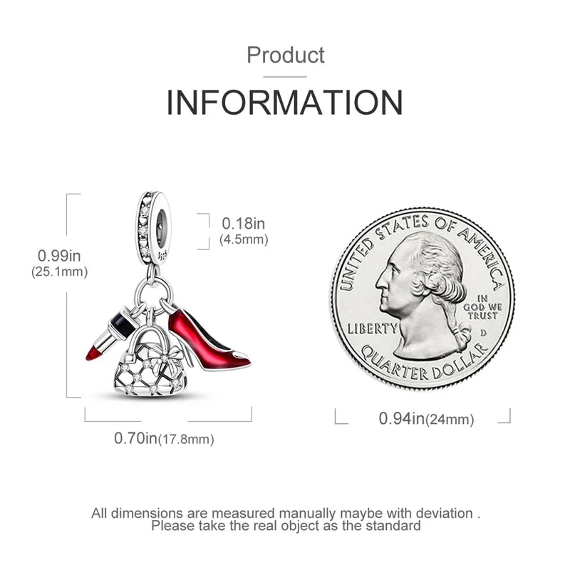 925 Silver Red Charms Beads for DIY Jewelry Bracelets Featuring Strawberry Ladybird and Lipstick Design