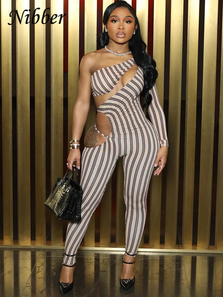 Sexy Hollow Ruched Jumpsuit for Women Irregular Hipster Stripe Print Full Sleeve Midnight Fit Workout Overalls