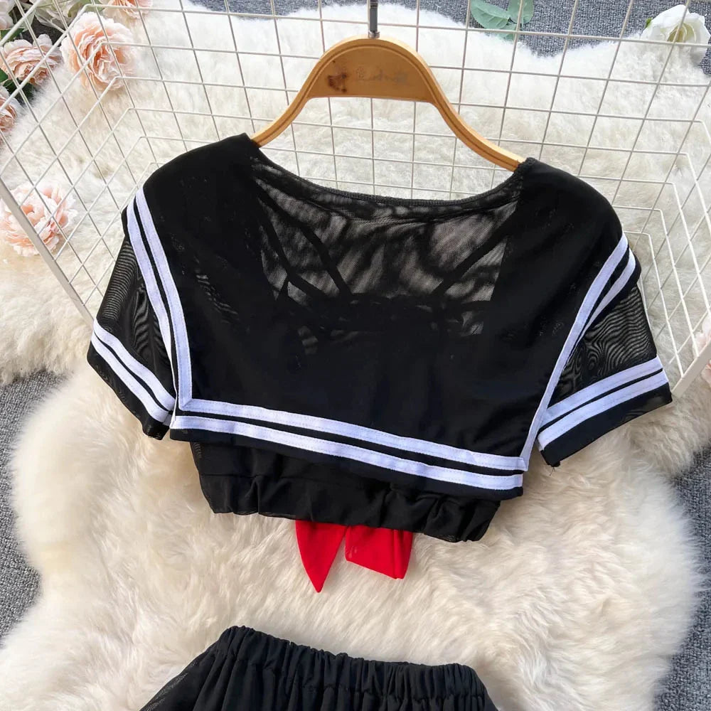 Kawaii Japanese Sailor Girl Cosplay Uniform Set Sexy Short Sleeve Crop Top with Bow and Elastic Waist Striped Mini Skirt