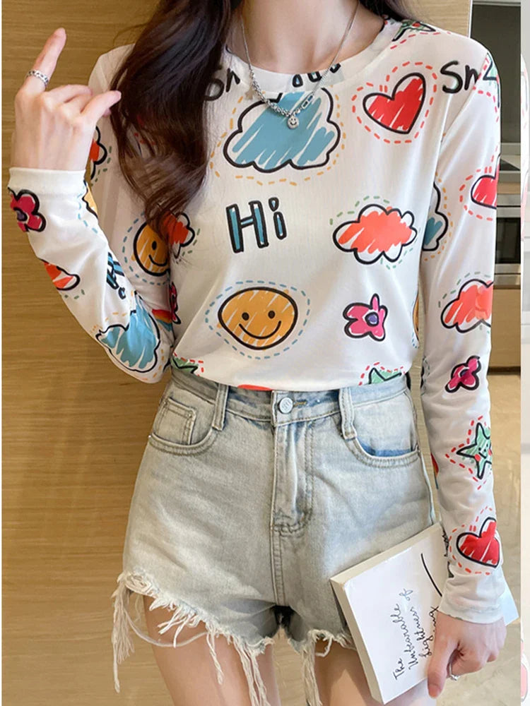 Women's Sexy See-Through Mesh Blouse Long Sleeve Transparent Elegant Printed Shirt Fashion Top