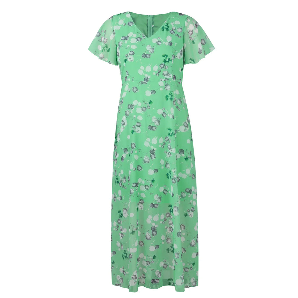 V Neck Floral Chiffon Maxi Dress With Ruffle Short Sleeves