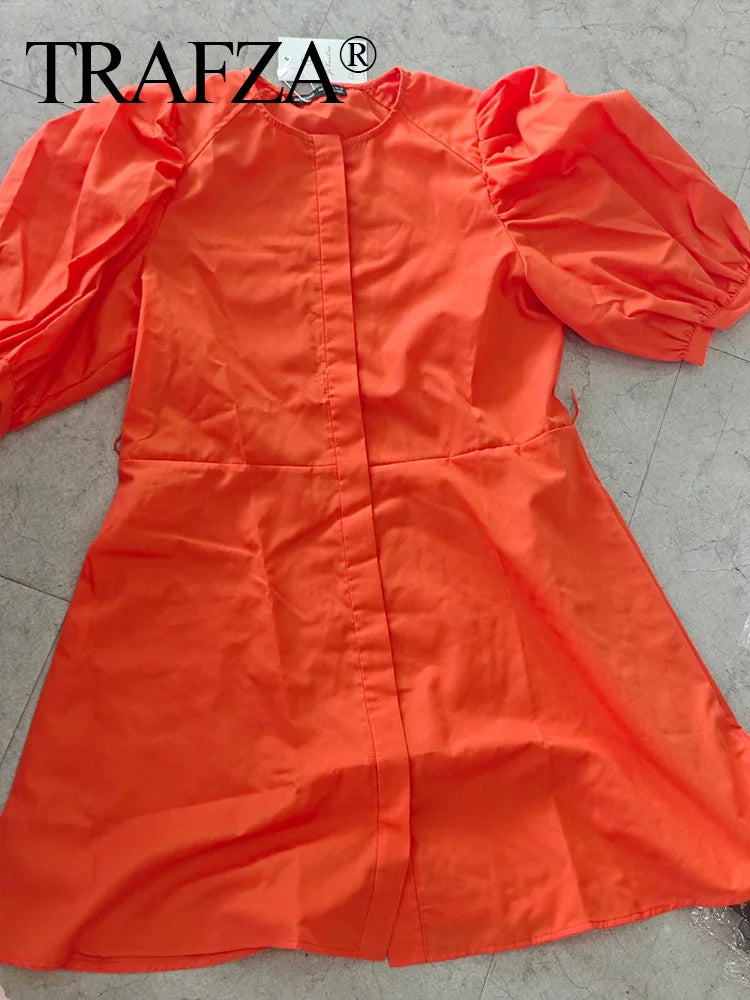 Orange Puff Sleeve Mini Dress With Bow Belt For Women