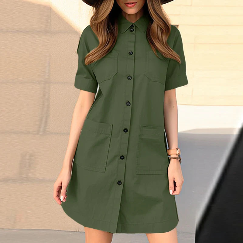 Summer Women Overalls Dress Short Sleeve Button Front