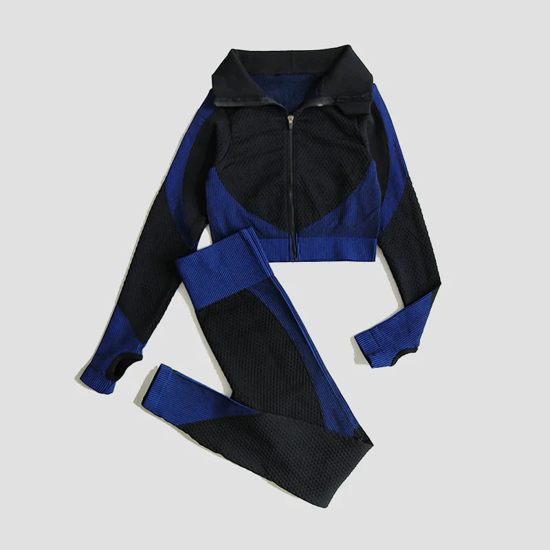 2/3Pcs Women Seamless Knitted Yoga Set with High Waist Leggings and Zipper Long Sleeve Crop Top Lightweight Stretchy Fitness Sportswear Gym Outfit