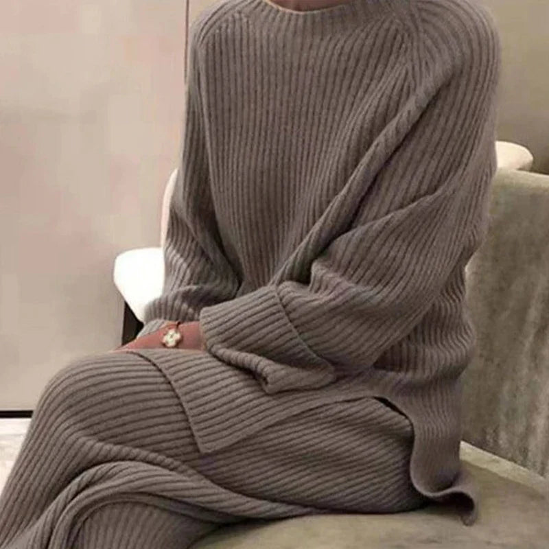 Women Loose Knit Sweater Set with Wide Leg Pants O Neck Pullover Autumn Winter Homewear 2 Pieces