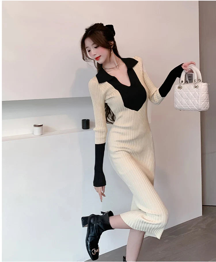 Korean Style Knit Dress Long Sleeve Color Block Lace