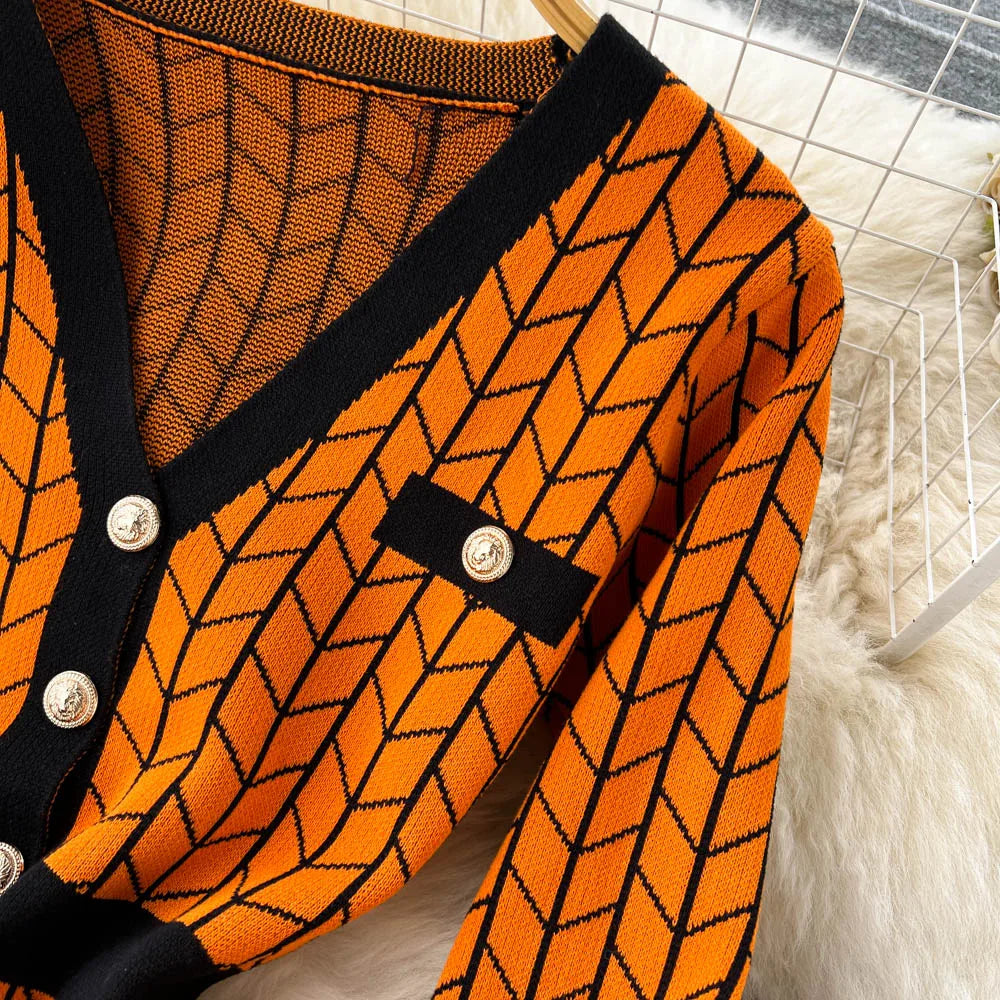 Autumn Plaid Knit Dress Women V Neck Elastic Waist Midi