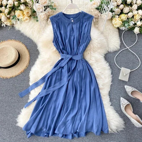 Sleeveless Summer Dress Solid Colors Green Blue Yellow Casual