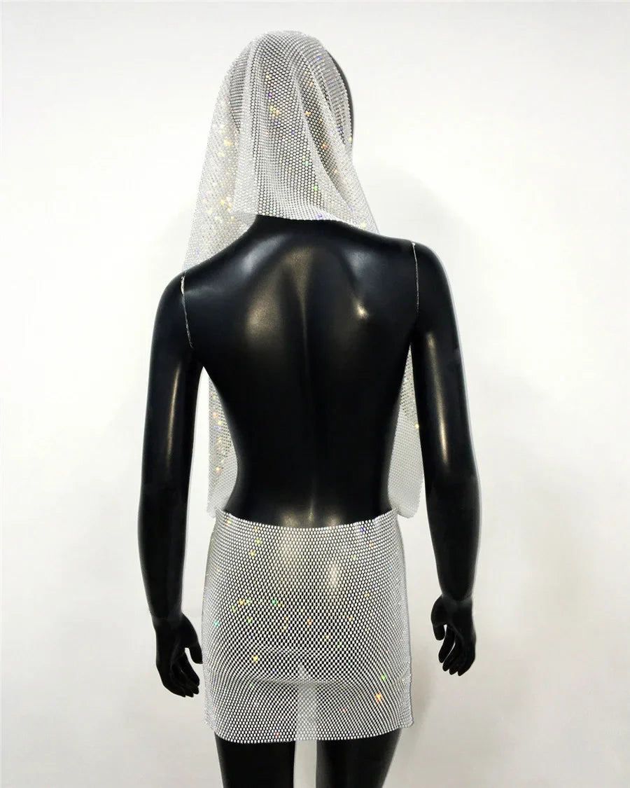 See Through Mesh Dress Rhinestone Bandana Headwrap