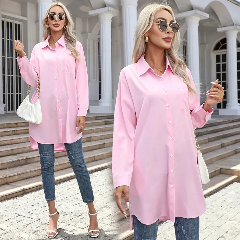 Vintage Oversized Long Sleeve Shirt for Women with Pockets Button Up Blouse Casual Chic Fashion Top