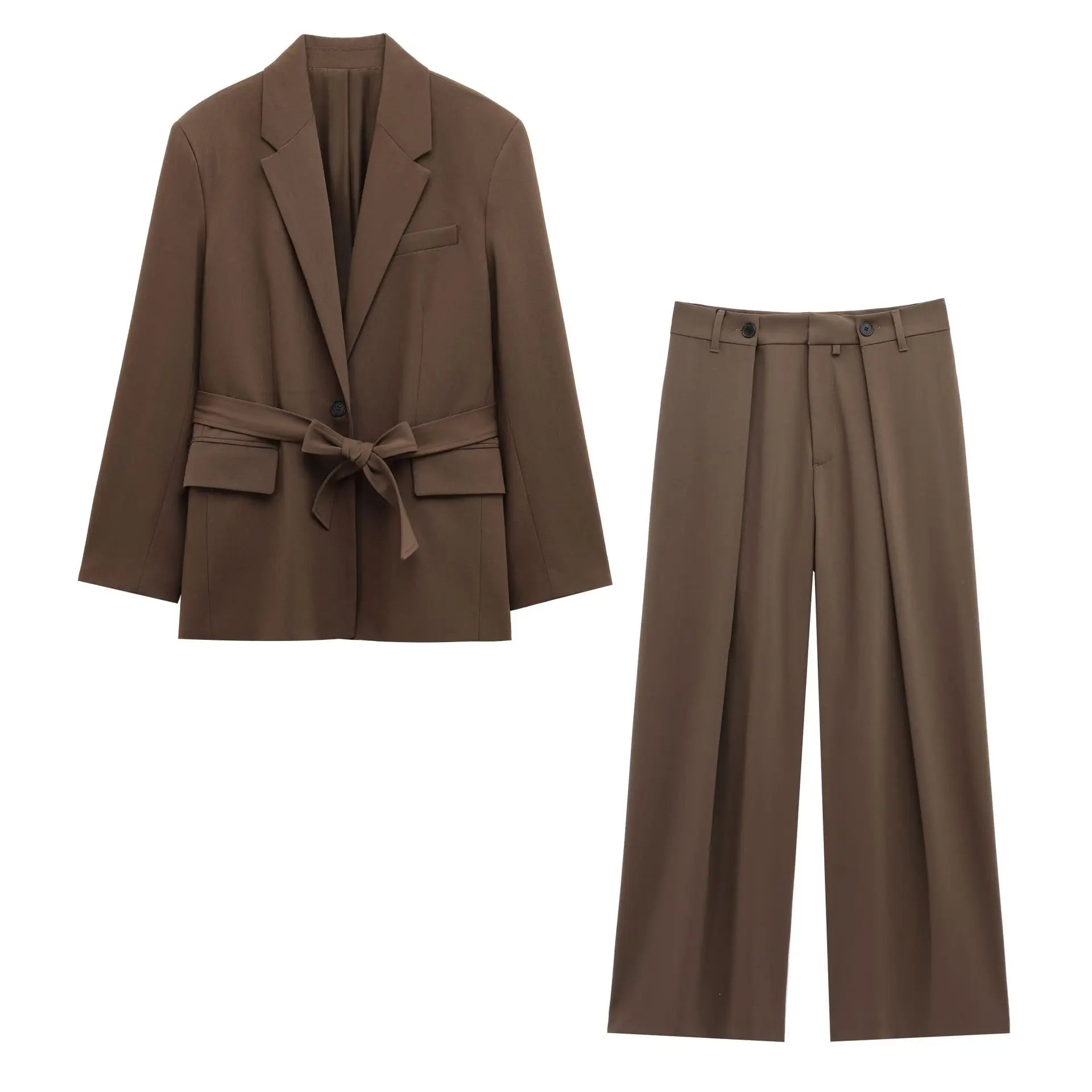 Women's Lace-up Suit Jacket and High Waist Trousers Set for Spring and Summer Casual Chic Look