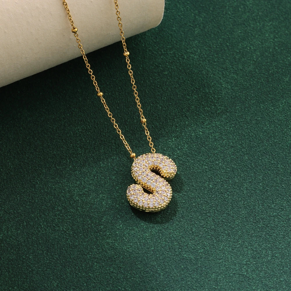 Luxury Zircon Crystal Initial Necklace for Women Stainless Steel Choker Chain Jewelry