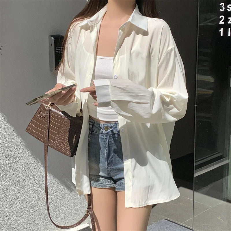 Silky Oversize Button Down Shirt for Women Long Sleeve Boyfriend Blouse Lightweight Summer Cover Up Casual Teen Girl Outfit