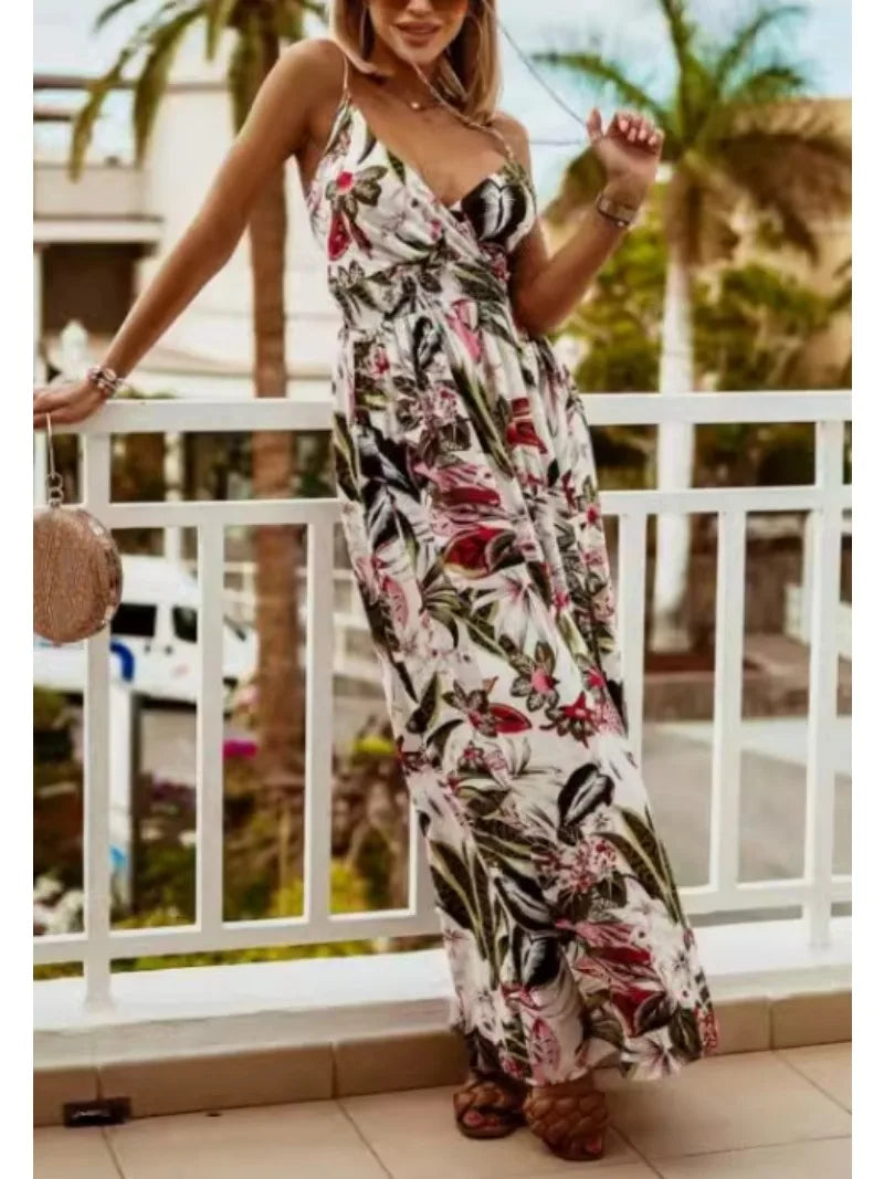 Bohemian Floral Chiffon Summer Dress With V Neckline