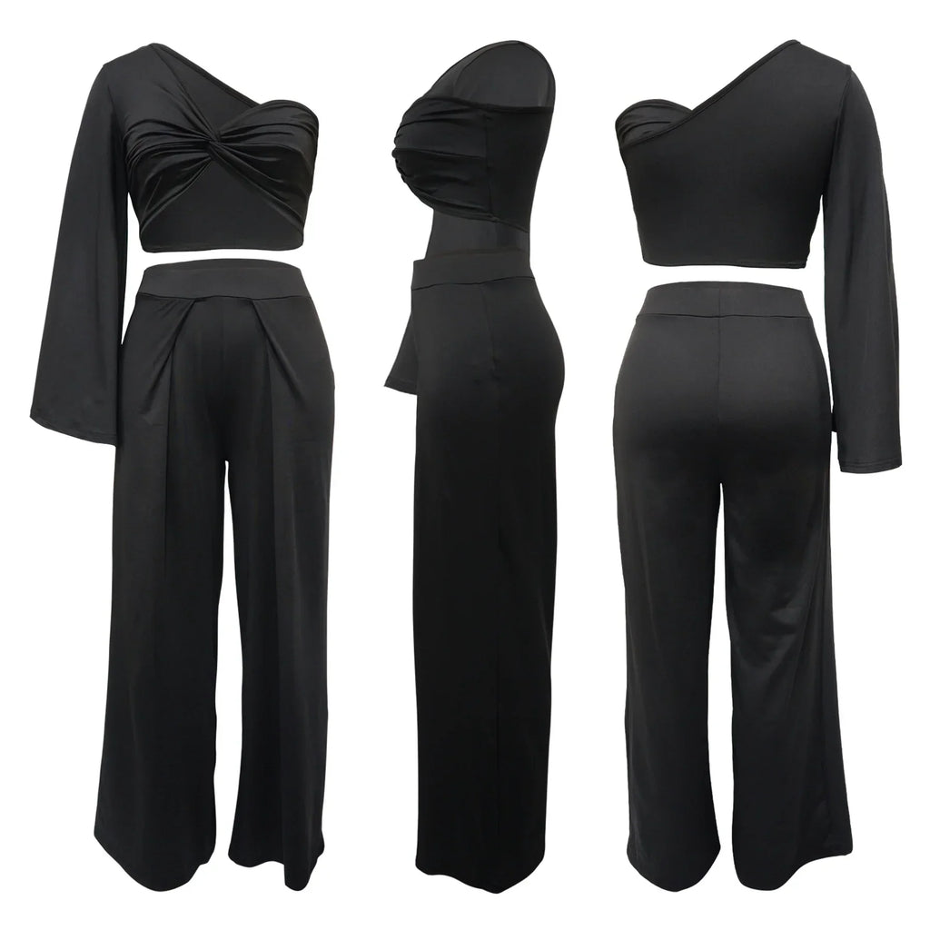 Women's Ruched One Shoulder Sleeve Crop Top and Wide Leg Pants Two Piece Set Outfit