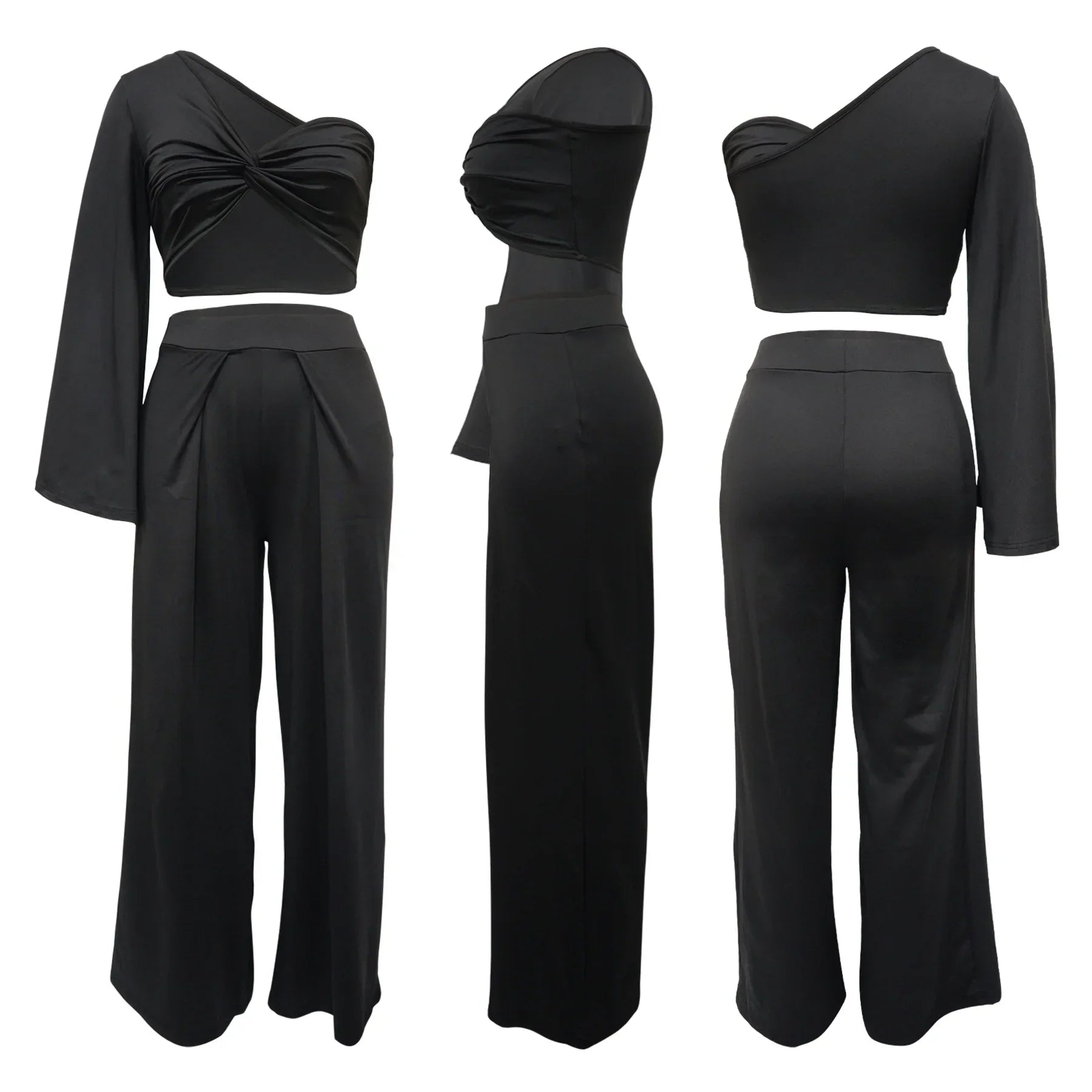 Women's Ruched One Shoulder Sleeve Crop Top and Wide Leg Pants Two Piece Set Outfit