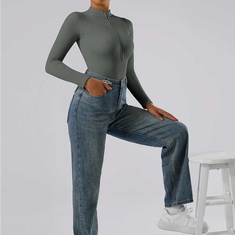 Bodycon Slim Fit Zipper Jumpsuit for Women Casual Brown Fitness Romper Streetwear Playsuit Overall