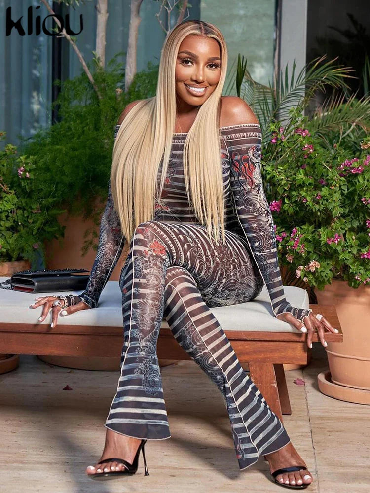 Mesh Trend Print 2 Piece Set for Women with Hipster Slash Neck Full Sleeve Top and Matching Slim Fit Pants