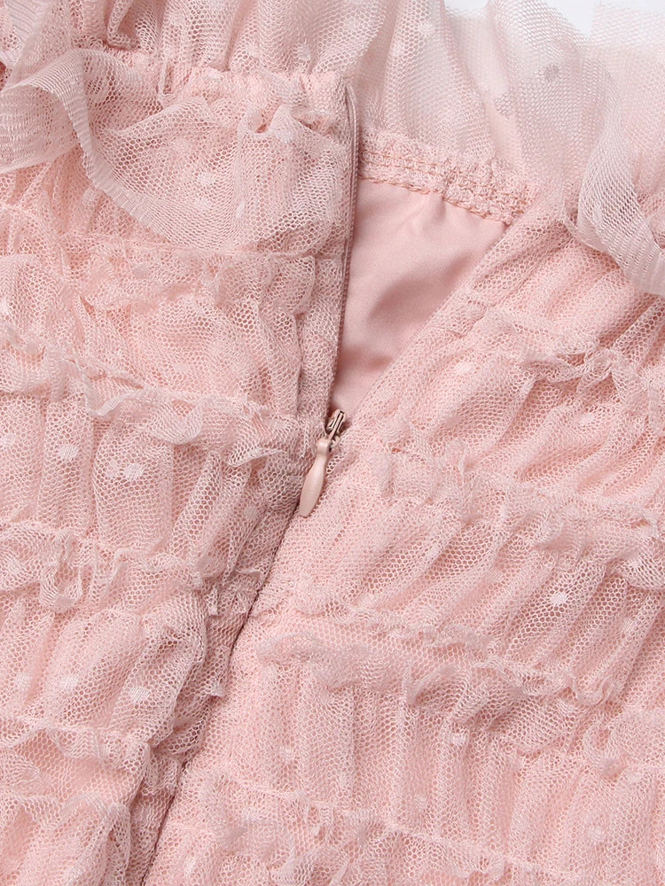 Patchwork Mesh Dress For Women High Waist Ruffled Casual