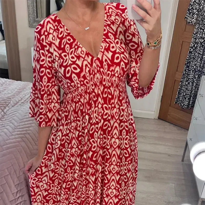Bohemian Floral Wrap Dress Women V Neck Summer Casual