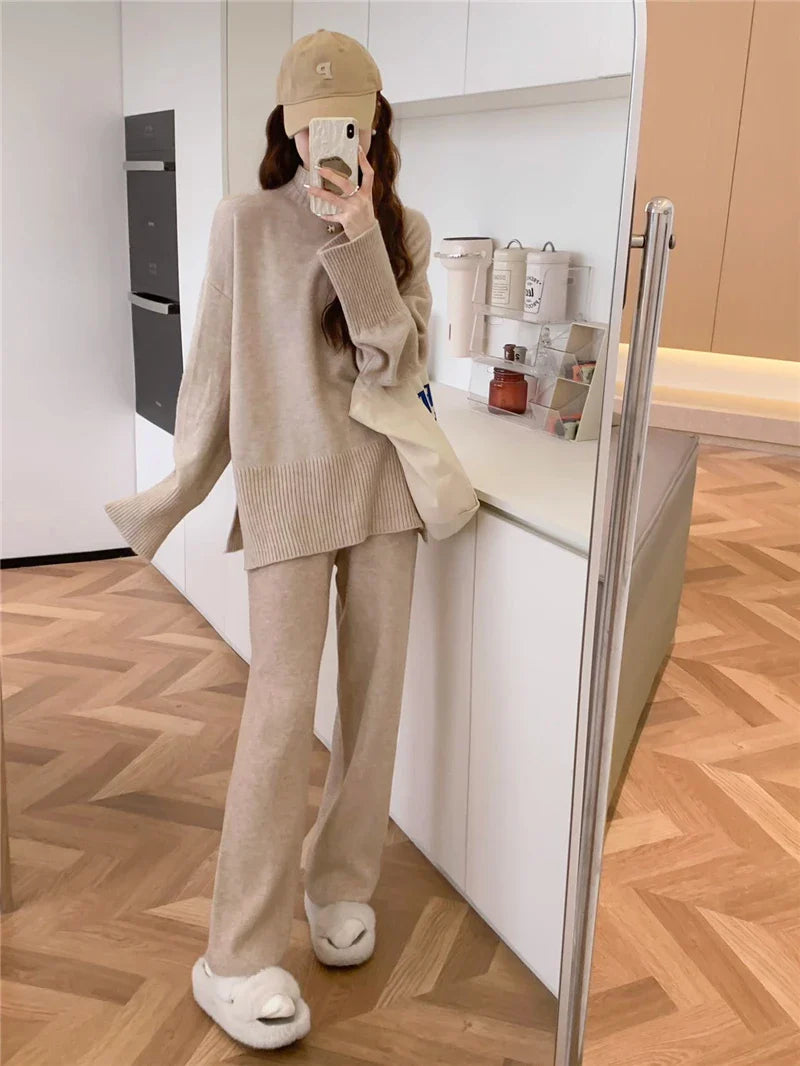 Fashionable Women's Split Sweater Set with Casual Pants in Solid Color Knitted Design