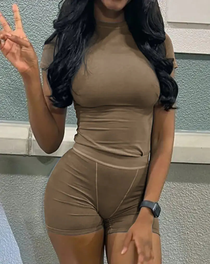 Casual Workout Two Piece Set for Women Fitted Crew Neck T-Shirt with High Waist Pants Matching Streetwear Outfit