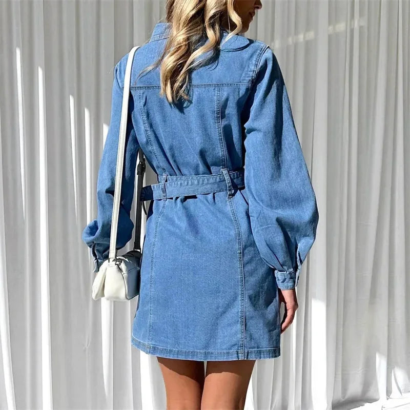 Patchwork Denim Dress With Double Pockets High Waist