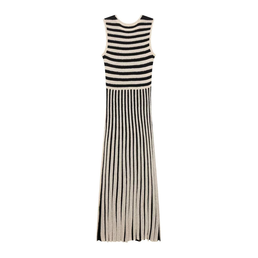 Striped Knitted Sleeveless Midi Dress With Round Neck Casual