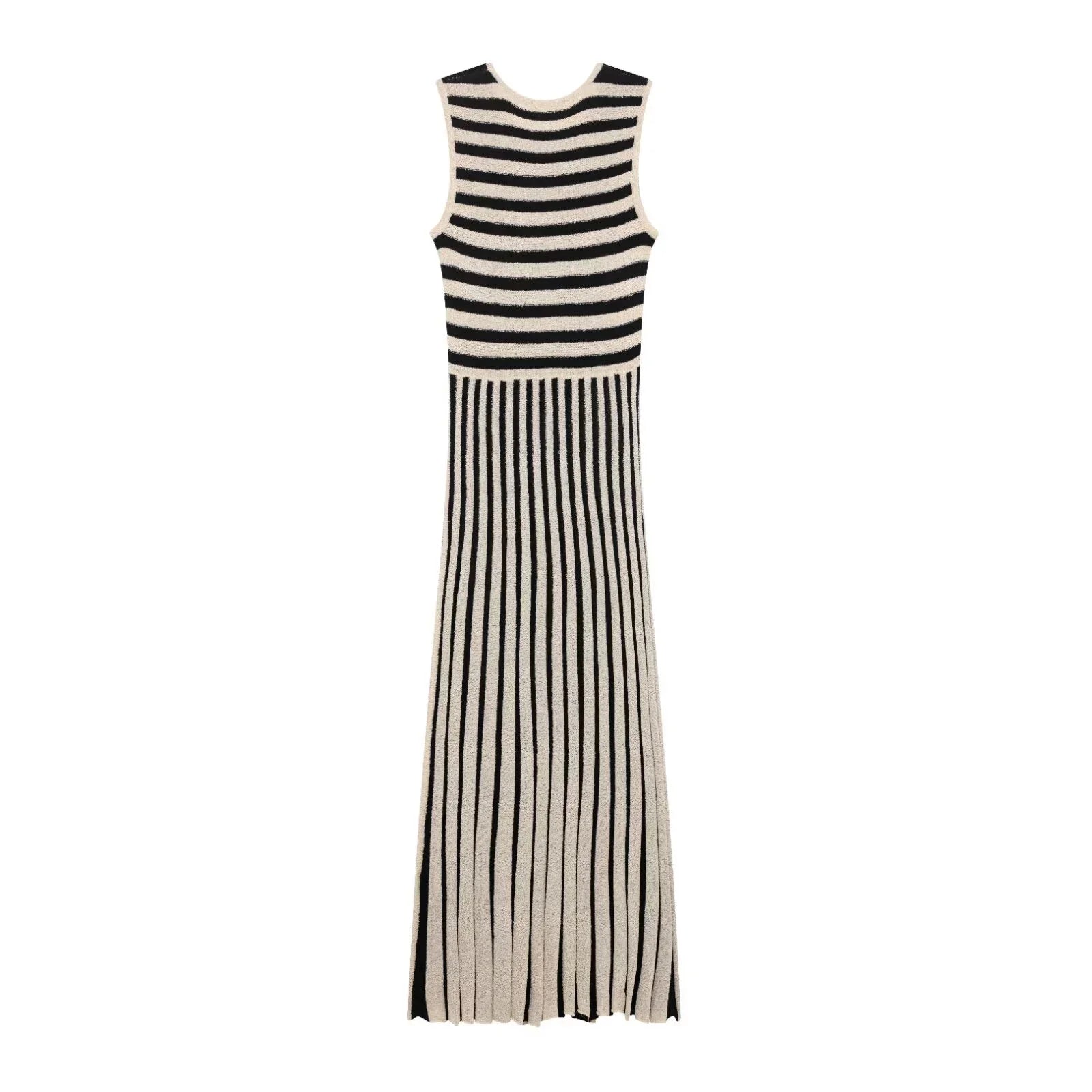 Striped Knitted Sleeveless Midi Dress With Round Neck Casual