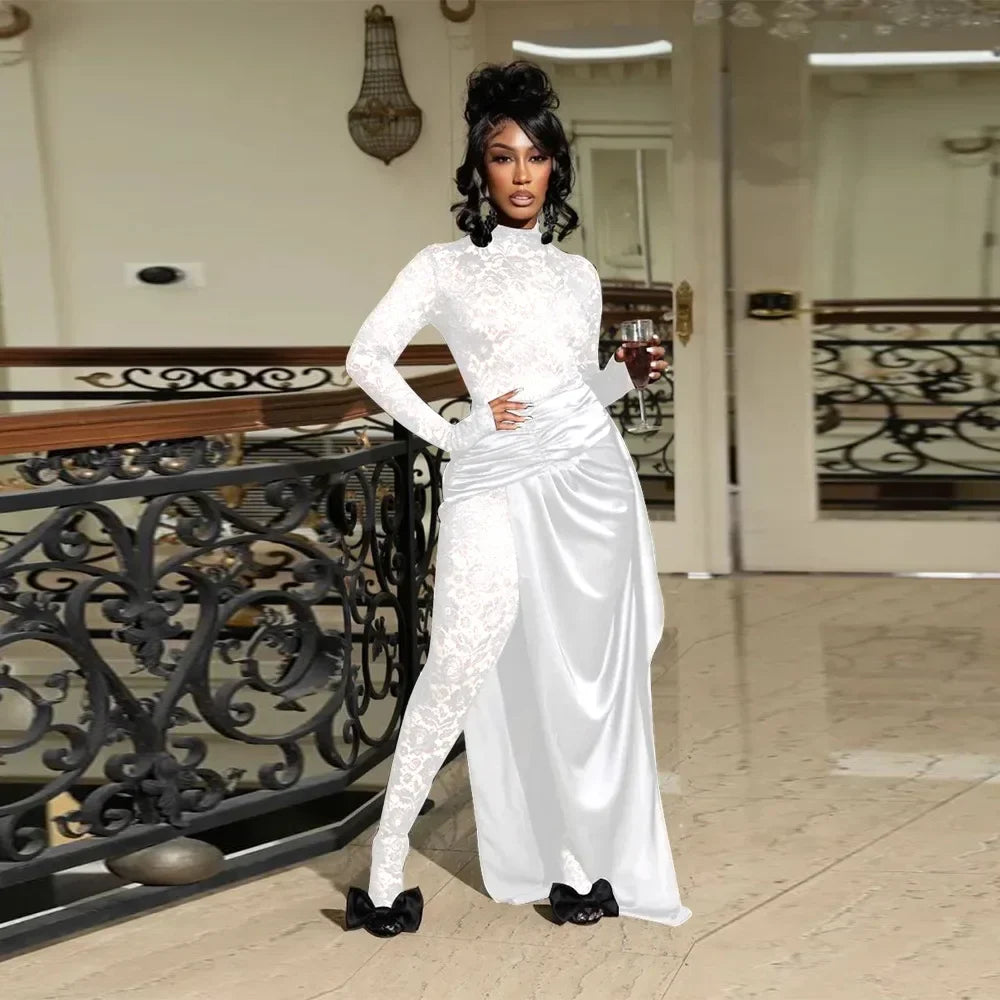 Sexy Sheer Floral Lace Jumpsuit with Overlay Skirt Stretchy Skinny One Piece Romper for Nightclub Party Women Clubwear